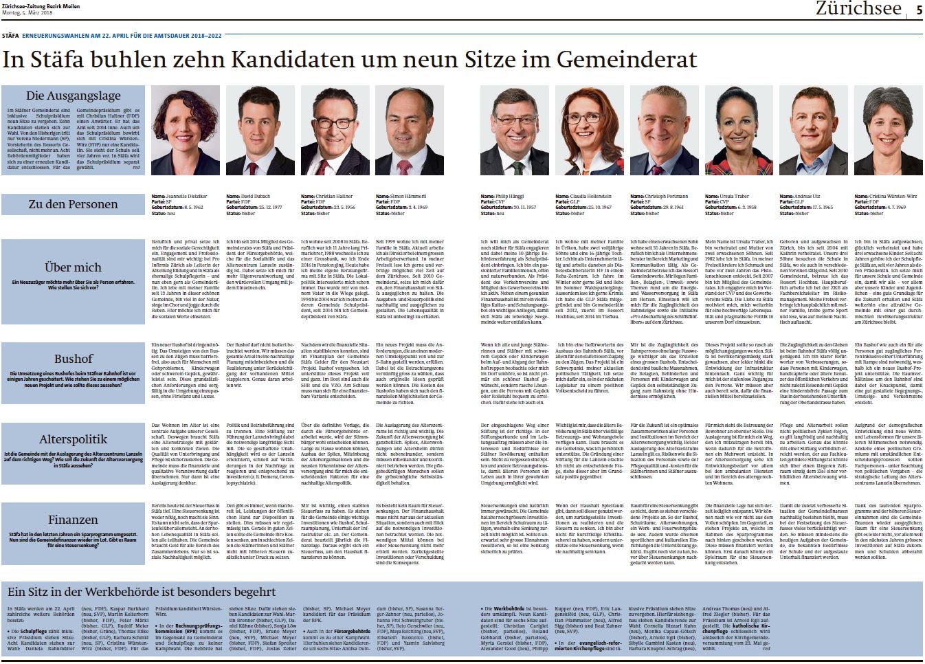 In Stäfa buhlen zehn Kandidaten um neun Sitze im Gemeinderat